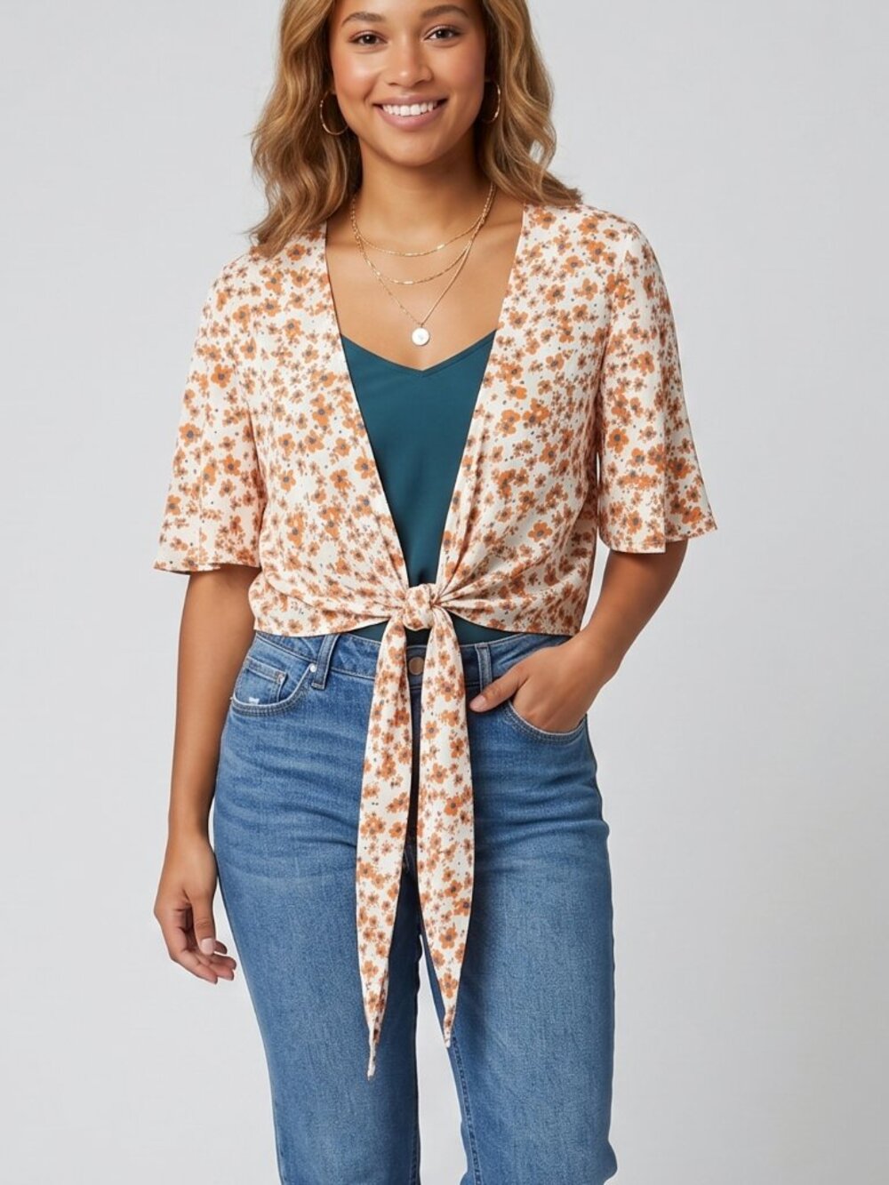 NWOT | Floral Tie-Front Kimono Top | Open Front Flutter Sleeve | Large
